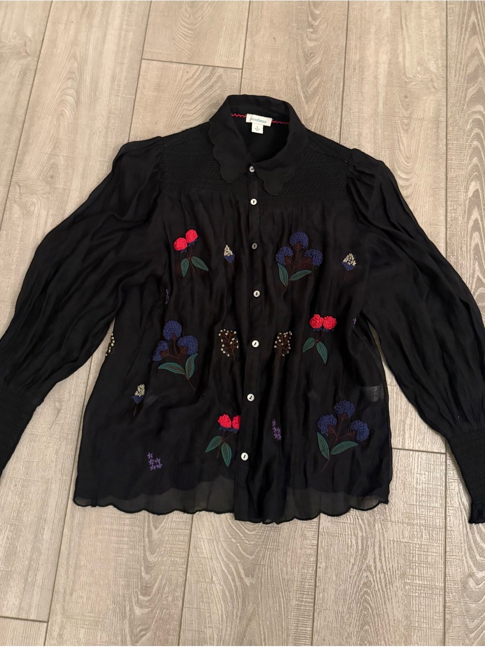 Sundance Black Sheer Silk Cotton Button-Up Blouse, Red Purple Embroidery Sz S